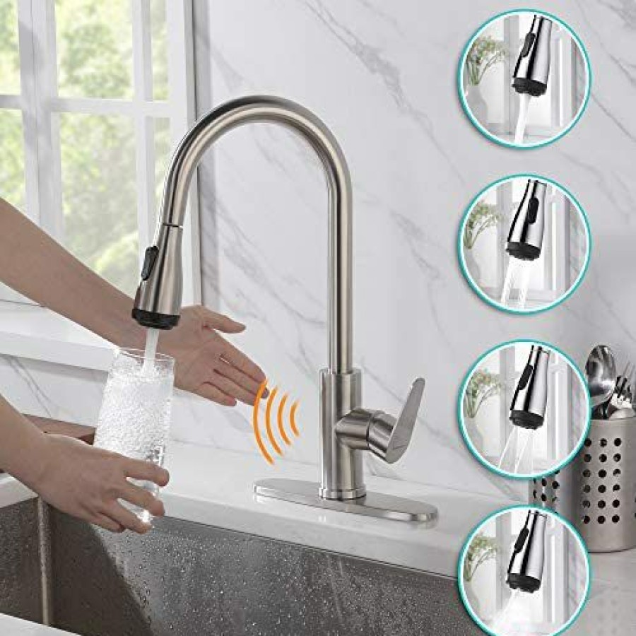 Home Accessories * | New Rainovo Touchless Kitchen Faucets With Pull Down Sprayer,Single Handle Kitchen Faucet With Deck Plate,1 Or 3 Hole Pull Out Stainless Steel Kitchen Sink Faucets Brushed Nickel